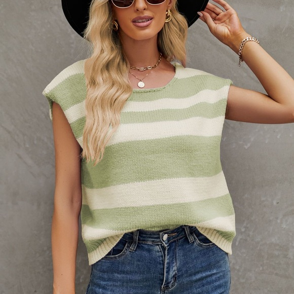 STRIPED ROUND NECK CAP SLEEVE KNIT TOP - Picture 1 of 3